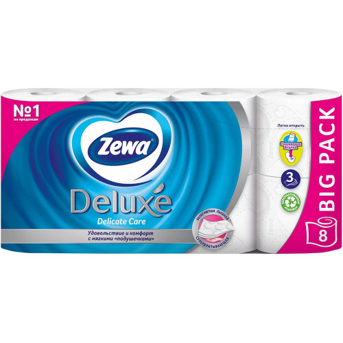 Туалетная бумага Zewa Deluxe (Зева Делюкс), цвет белый, 3-х слойная, 8 рулонов Туалетная бумага Zewa Deluxe (Зева Делюкс), цвет белый, 3-х слойная, 8 рулонов