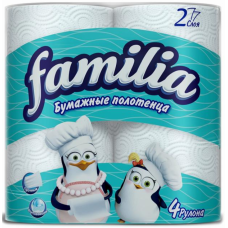 Бумажные полотенца Familia (Фамилия), цвет белый, 2-х слойные, 4 рулона