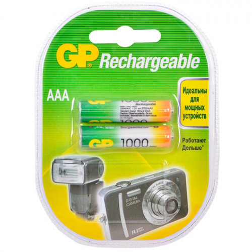 Набор аккумуляторов GP Rechrgeable, тип ААА, 1000 mAh, 2 шт Набор аккумуляторов GP Rechrgeable, тип ААА, 1000 mAh, 2 шт