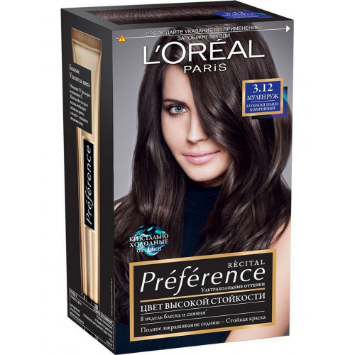 Краска для волос L`Oreal (Лореаль) Recital Preference, тон 3.12 - Мулен Руж Глубокий Темно-коричневый Краска для волос L`Oreal (Лореаль) Recital Preference, тон 3.12 - Мулен Руж Глубокий Темно-коричневый