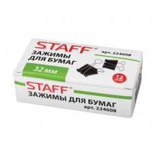 Зажимы для бумаг Staff (Стафф), черные, комплект 12 шт, 32 мм, на 140 листов Зажимы для бумаг Staff (Стафф), черные, комплект 12 шт, 32 мм, на 140 листов
