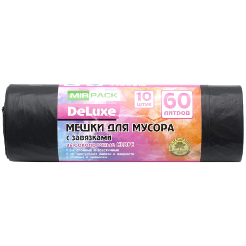 Мешки для мусора ПВД MirPack (МирПак) Deluxe, черные, 60 л, 35 мкм, 10 шт Мешки для мусора ПВД MirPack (МирПак) Deluxe, черные, 60 л, 35 мкм, 10 шт
