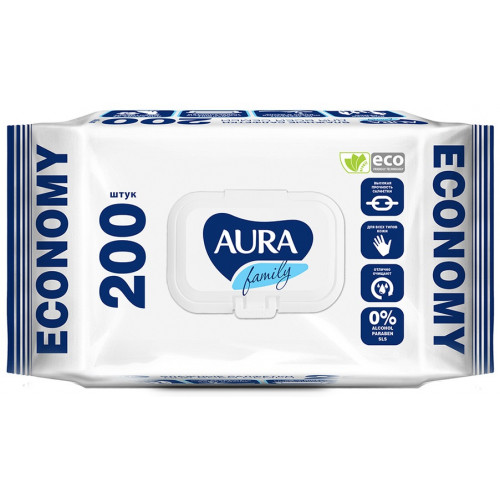 Влажные салфетки для всей семьи Aura (Аура) Family, с крышкой, 200 шт Влажные салфетки для всей семьи Aura (Аура) Family, с крышкой, 200 шт