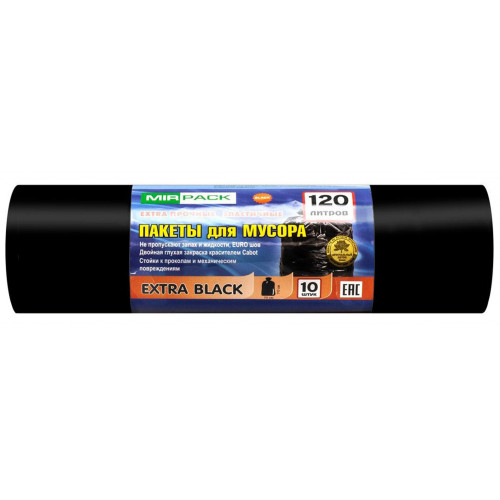 Мешки для мусора ПВД MirPack (МирПак) Экстра, чёрные, 120 л, 50 мкм, 10 шт Мешки для мусора ПВД MirPack (МирПак) Экстра, чёрные, 120 л, 50 мкм, 10 шт
