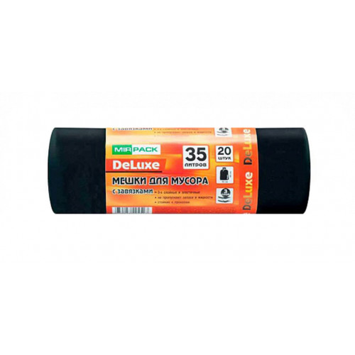 Мешки для мусора с завязками ПВД MirPack (МирПак) Deluxe, черные, 35 л, 30 мкм, 20 шт Мешки для мусора с завязками ПВД MirPack (МирПак) Deluxe, черные, 35 л, 30 мкм, 20 шт