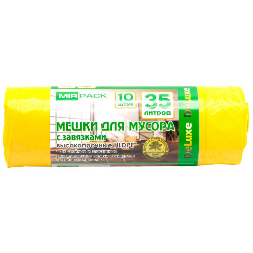 Мешки для мусора с завязками ПВД MirPack (МирПак) Deluxe, желтые, 35 л, 30 мкм, 10 шт Мешки для мусора с завязками ПВД MirPack (МирПак) Deluxe, желтые, 35 л, 30 мкм, 10 шт