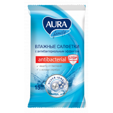 Влажные салфетки антибактериальные Aura (Аура) для всей семьи, 15 шт