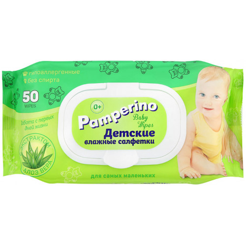 Детские влажные салфетки Pamperino с экстрактом алоэ вера, пластиковый клапан, 50 шт Детские влажные салфетки Pamperino с экстрактом алоэ вера, пластиковый клапан, 50 шт