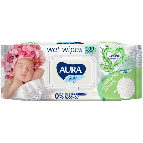 Влажные салфетки для детей Aura (Аура) с алоэ, клапан, 100 шт Влажные салфетки для детей Aura (Аура) с алоэ, клапан, 100 шт