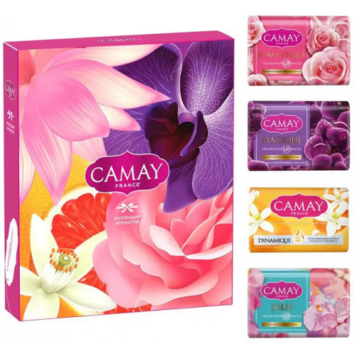 Подарочный набор для женщин Camay (Камей) Коллекция ароматов, туалетное мыло Romantique, Dinamicue, Magic spell, Jolie, 4х85 г Подарочный набор для женщин Camay (Камей) Коллекция ароматов, туалетное мыло Romantique, Dinamicue, Magic spell, Jolie, 4х85 г
