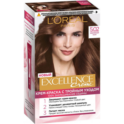Краска для волос L`Oreal (Лореаль) Excellence Creme, тон 5.02 - Обольстительный каштан Краска для волос L`Oreal (Лореаль) Excellence Creme, тон 5.02 - Обольстительный каштан