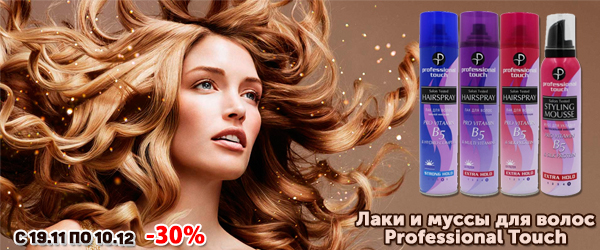 Акция: лаки и муссы для волос Professional Touch со скидкой до 30% Акция: лаки и муссы для волос Professional Touch со скидкой до 30%